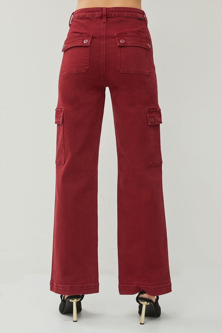 Wine Risen Full Size High Rise Wide Leg Cargo Jeans 1