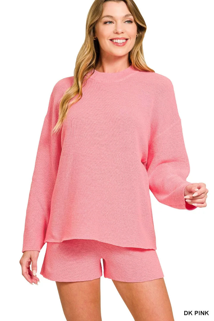 Dk Pink Zenana Round Neck Knit Top And Shorts Sweater Set 5