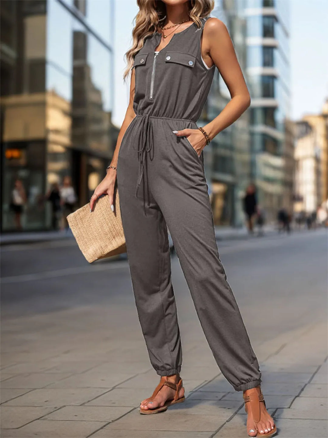 Dark Gray Drawstring Waist Sleeveless Jumpsuit