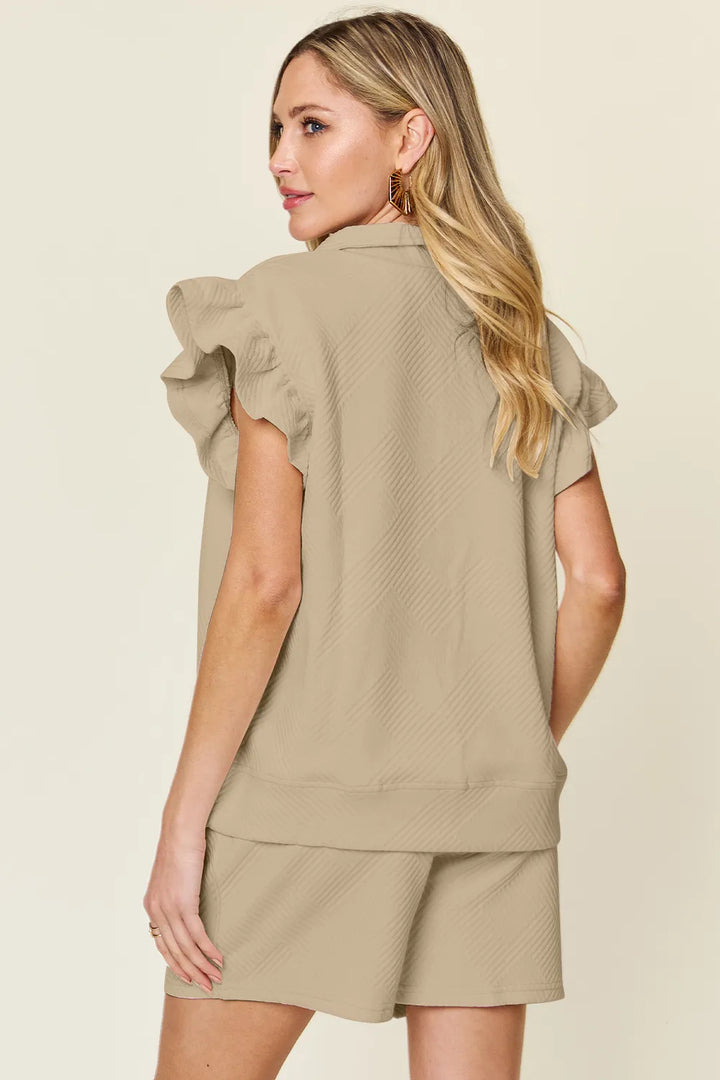 Cream Double Take Full Size Texture Flounce Sleeve Top And Drawstring Shorts Set 1