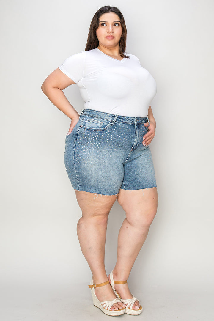 Light Judy Blue Full Size High Waist Rhinestone Decor Denim Shorts