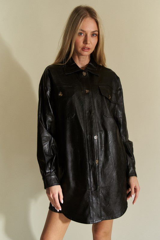 Black Davi Dani Faux Leather Button Up Jacket With Chest Pockets