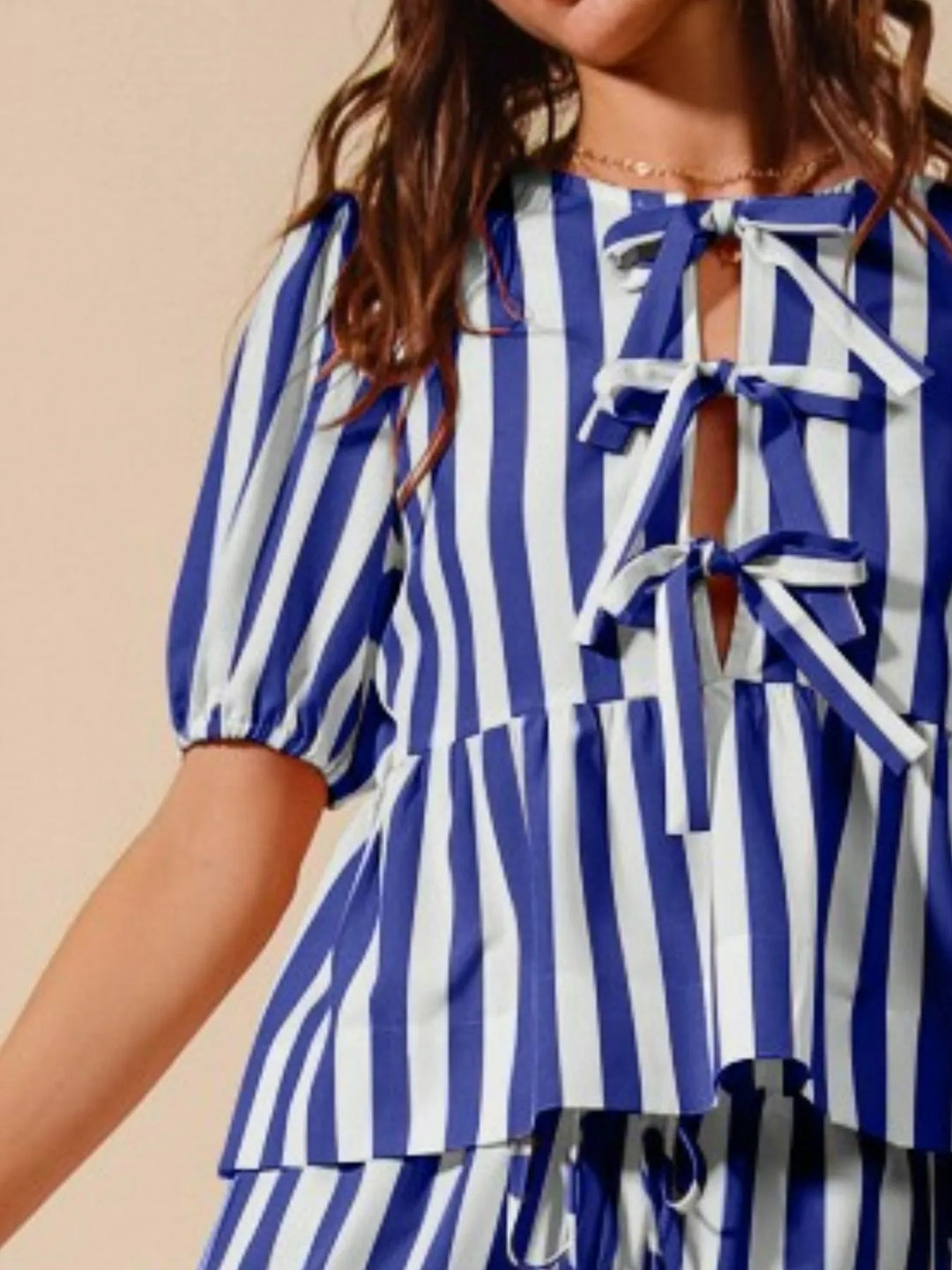 Royal Blue So Me Front Tie Stripe Puff Sleeves Top And Wide Leg Pants Set 1