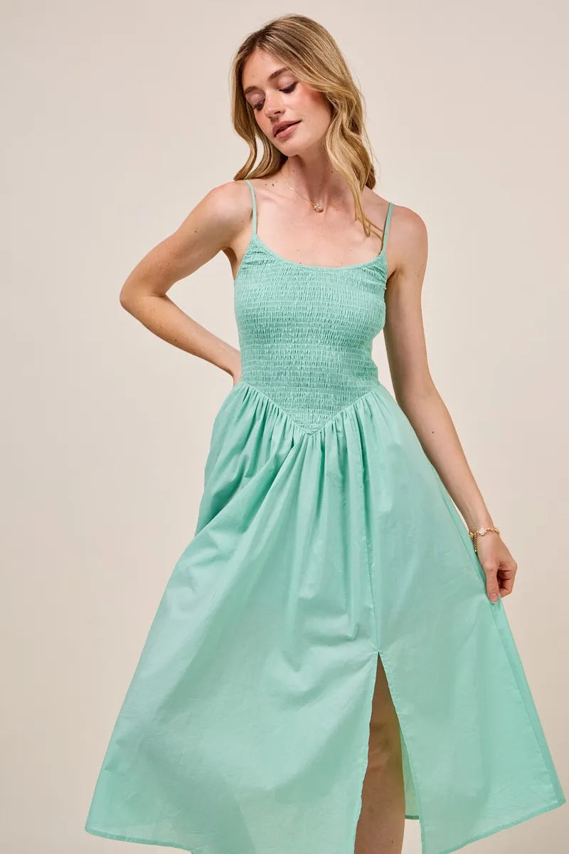 Sage So Me Smocked Sleeveless Casual Everyday Dress With Slit