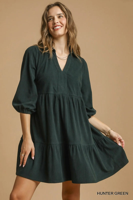 Hunter Green Umgee Tiered Johnny Collar Balloon Sleeve Dress