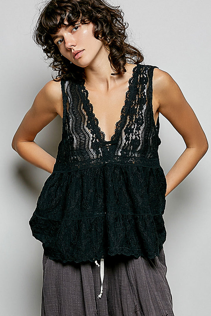 Black Pol Deep V Neck Scalloped Lace Sleeveless Top