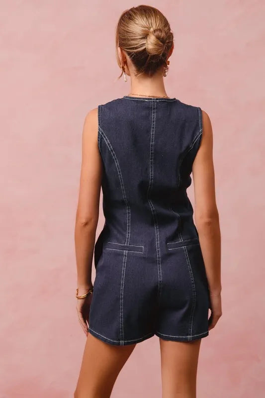 Denim So Me Button Up Front Washed Denim Sleeveless Romper