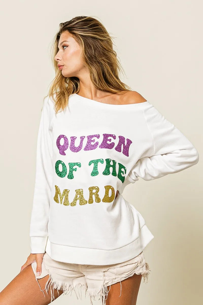 Bibi Queen Of Mardi Glitter Print Mardi Gras Sweatshirt