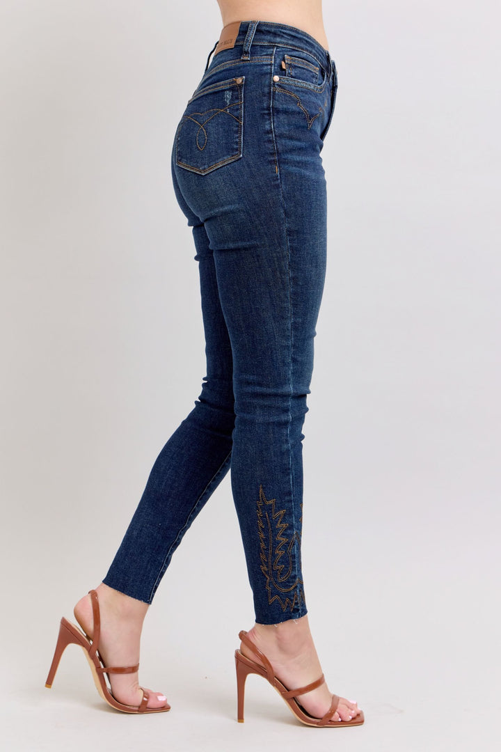 Dark Judy Blue Full Size Embroidered High Rise Skinny Jeans Plus Size