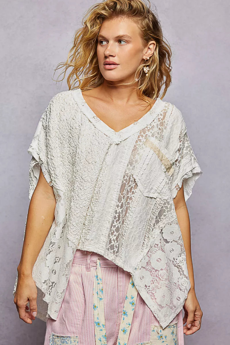 Offwhite Pol Asymmetrical V Neck Short Sleeve Lace Top 1