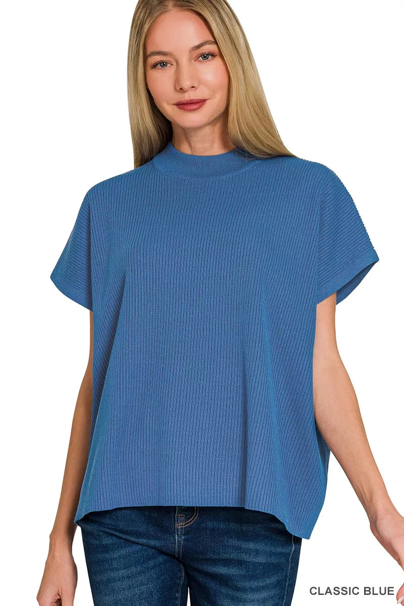 Classic Blue Zenana Viscose Mock Neck Short Sleeve Boxy Sweater 2