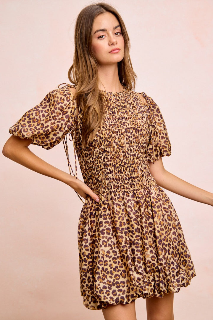 Bibi Leopard Bow Tie Attachable Puff Sleeves Dress