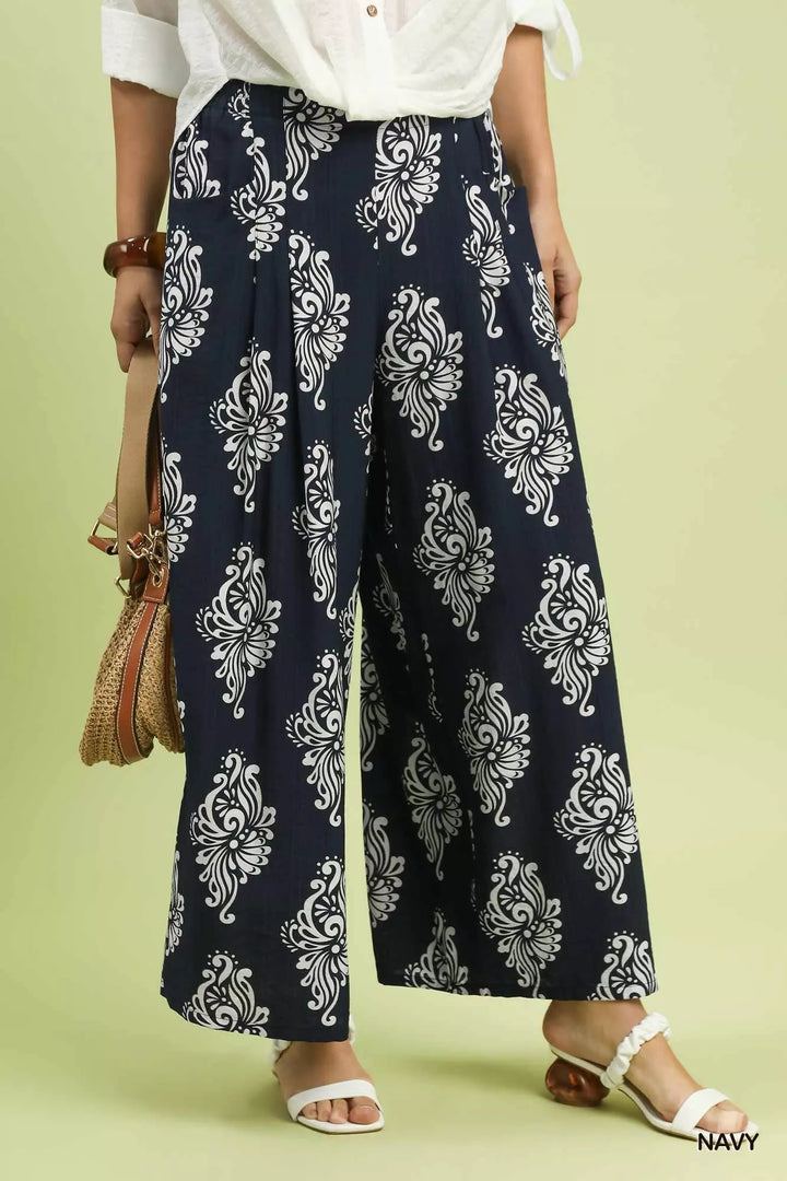 Navy Umgee Abstract Print Wide Leg Pants