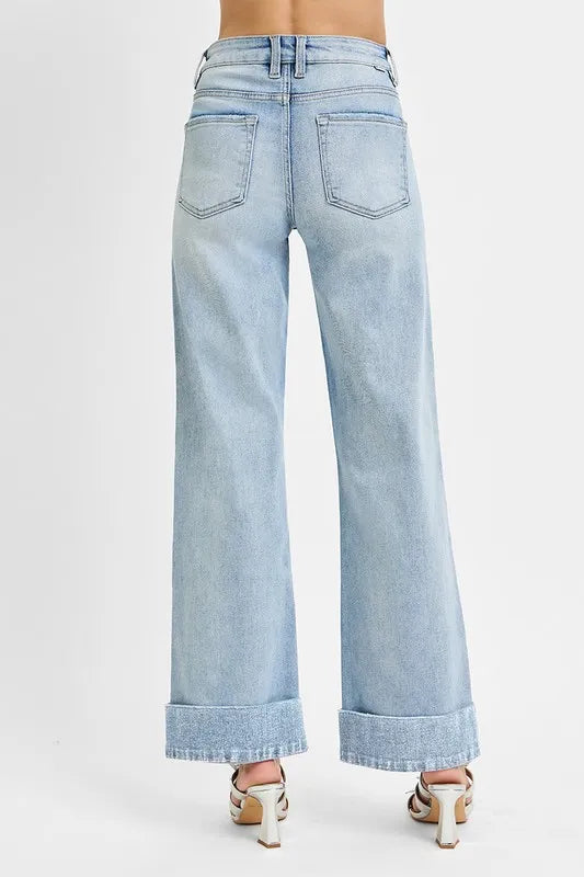 Light Risen Full Size Tummy Control High Rise Ankle Wide Cuffed Jeans Plus Size 1
