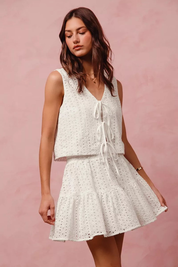Off White So Me Floral Eyelet Lace Tie Front Vest Top And Tiered Mini Skirt Set