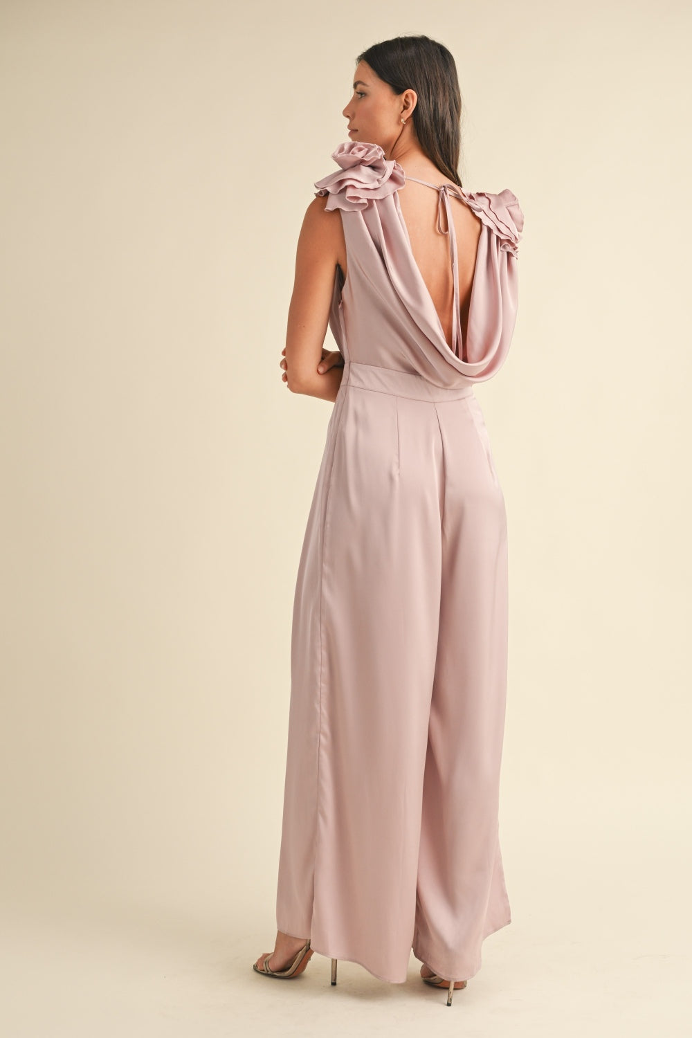 Dusty Mauve Mable 3D Floral Applique Deep Cowl Neck Jumpsuit