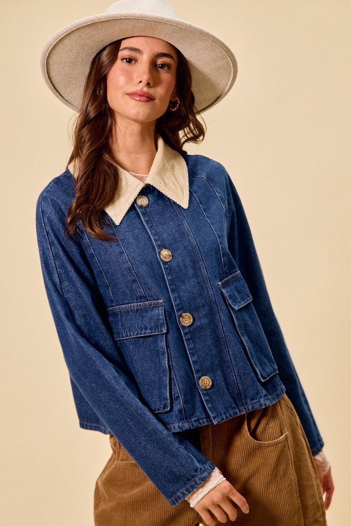Denim/Oatmeal So Me Zip Up And Buttoned Denim Jacket