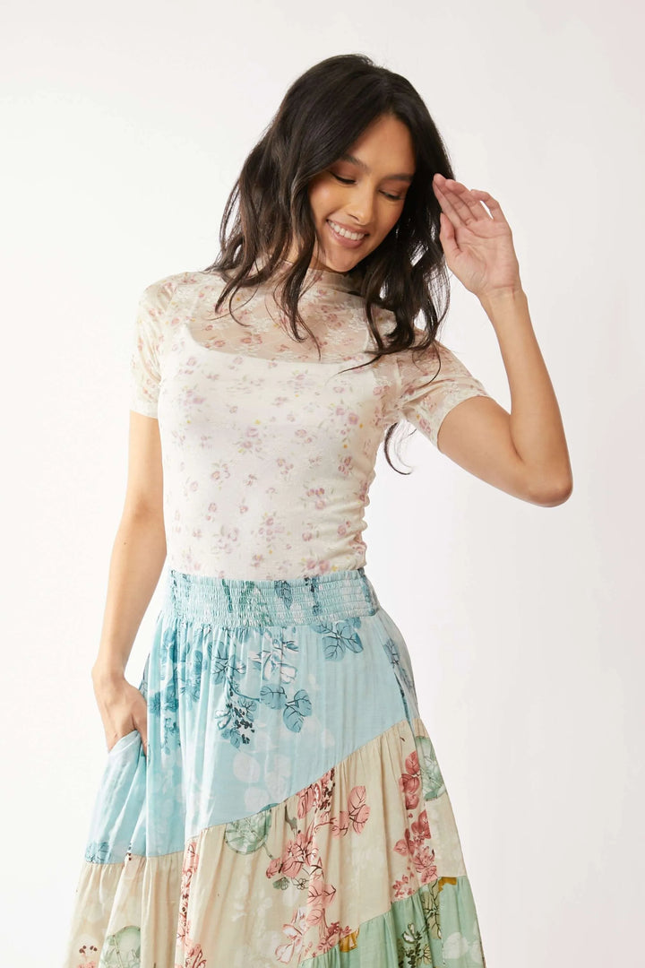 Indian Pink Davi Dani Floral Mesh Mock Neck Short Sleeve Top