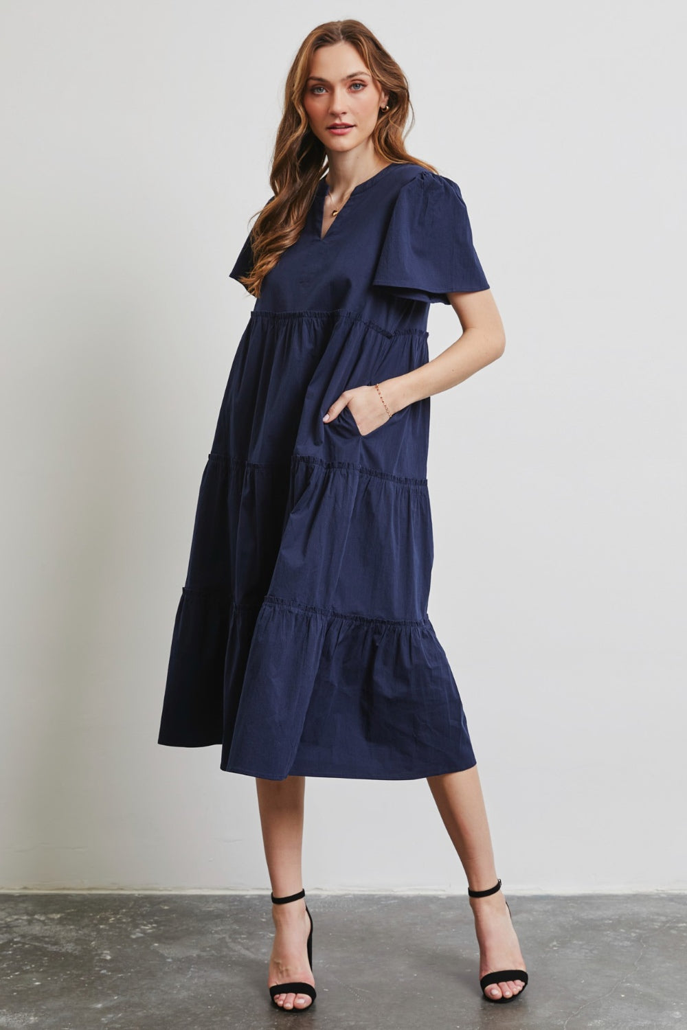 Navy Heyson Full Size Cotton Poplin Ruffled Tiered Midi Dress