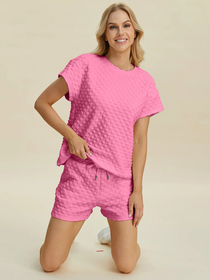 Pink Double Take Full Size Texture T Shirt And Shorts Set