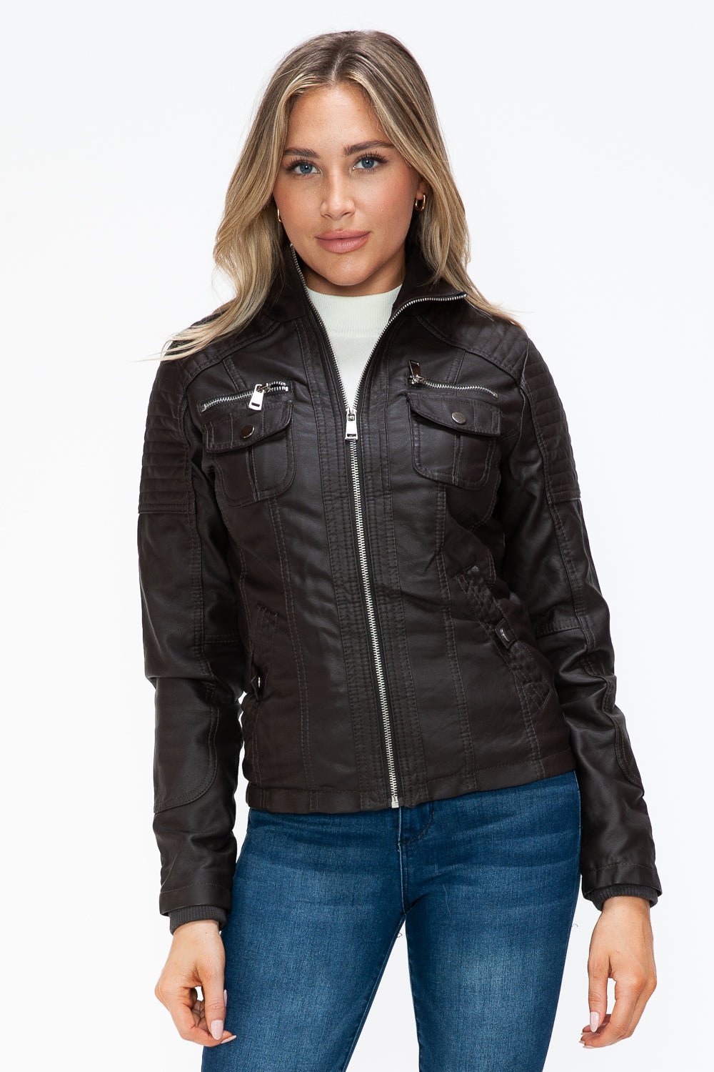 Ymi Removable Faux Layered Multi Pocket Jacket With Fuzzy Hood 3