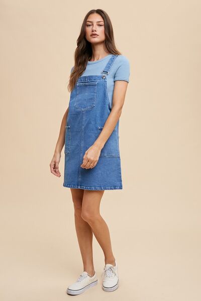 Indigo Washed Denim Annie Wear Wide Strap Denim Overall Dress With Pockets