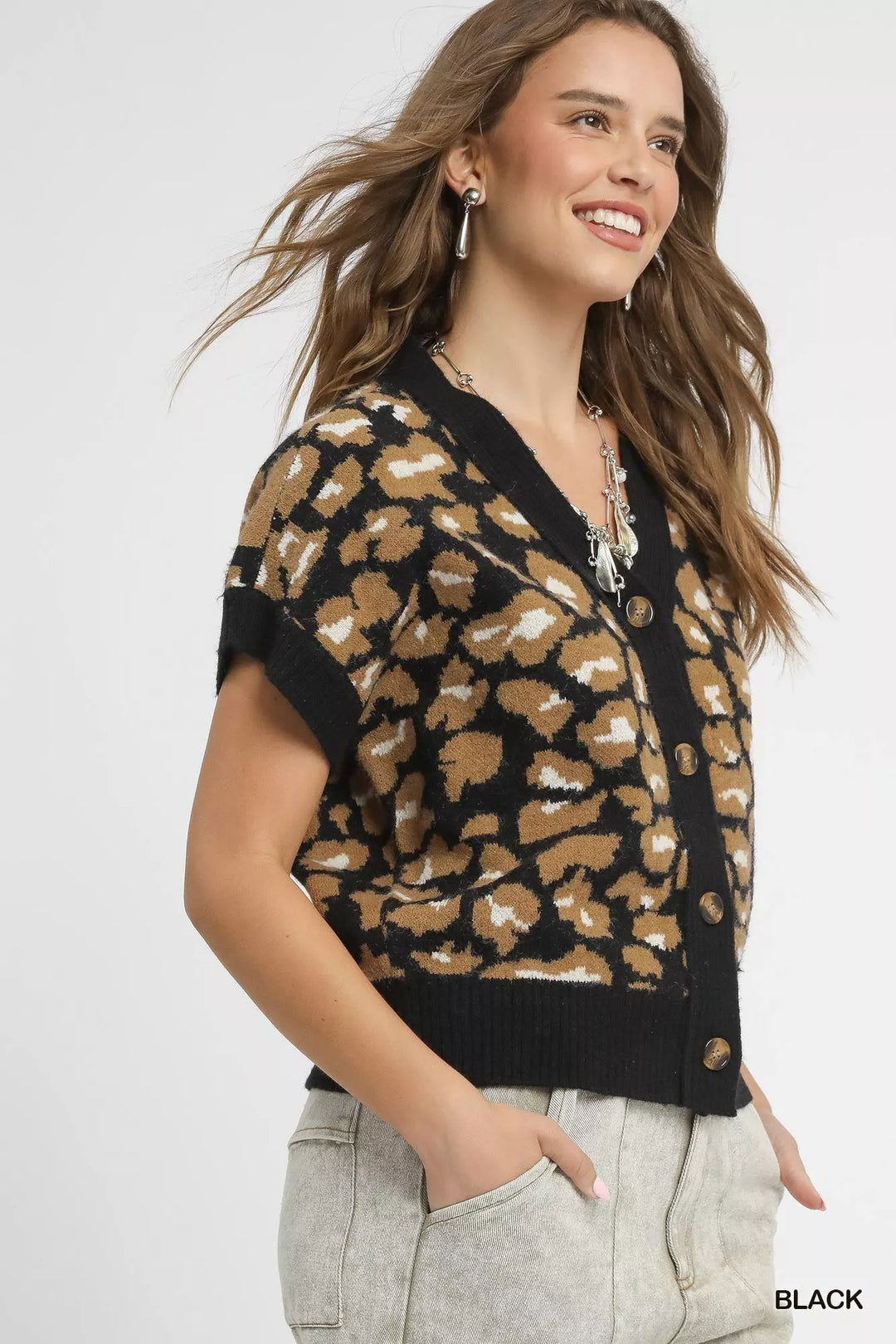 Black Umgee Leopard Button Down Short Sleeve Cardigan 2