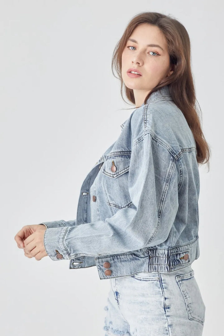 Light Risen Full Size Button Down Cropped Denim Jacket