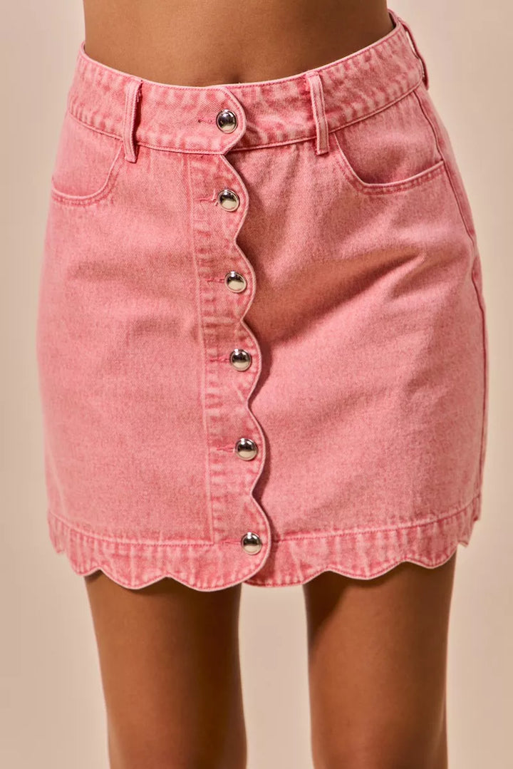 Pink So Me Vintage Wash Scallop Edge Denim Mini Skirt