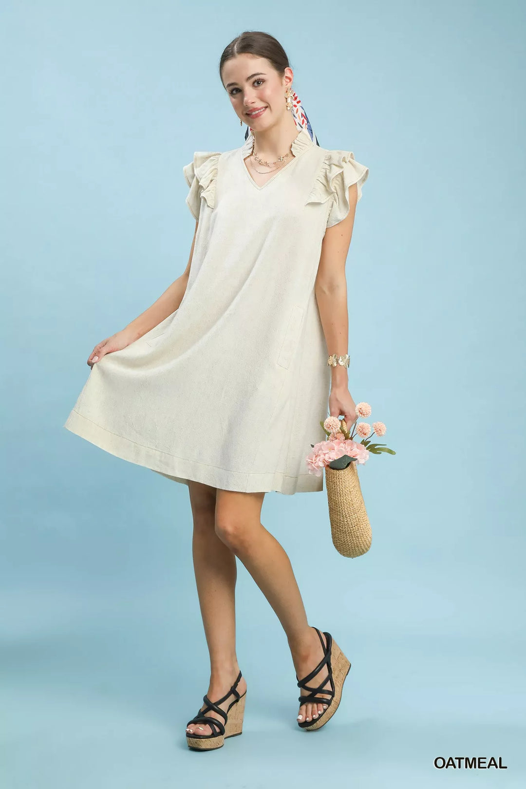 Oatmeal Umgee Linen Flutter Sleeve Shift Dress With Pockets