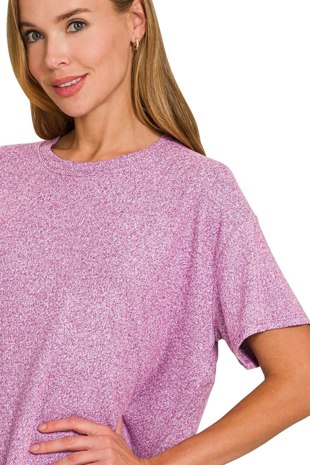 Lt Plum Zenana Soft Melange Short Sleeve Tee Long Pants Set 2