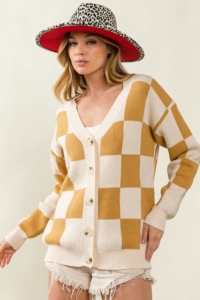 Ivory/Camel Bibi Checked V Neck Cardigan