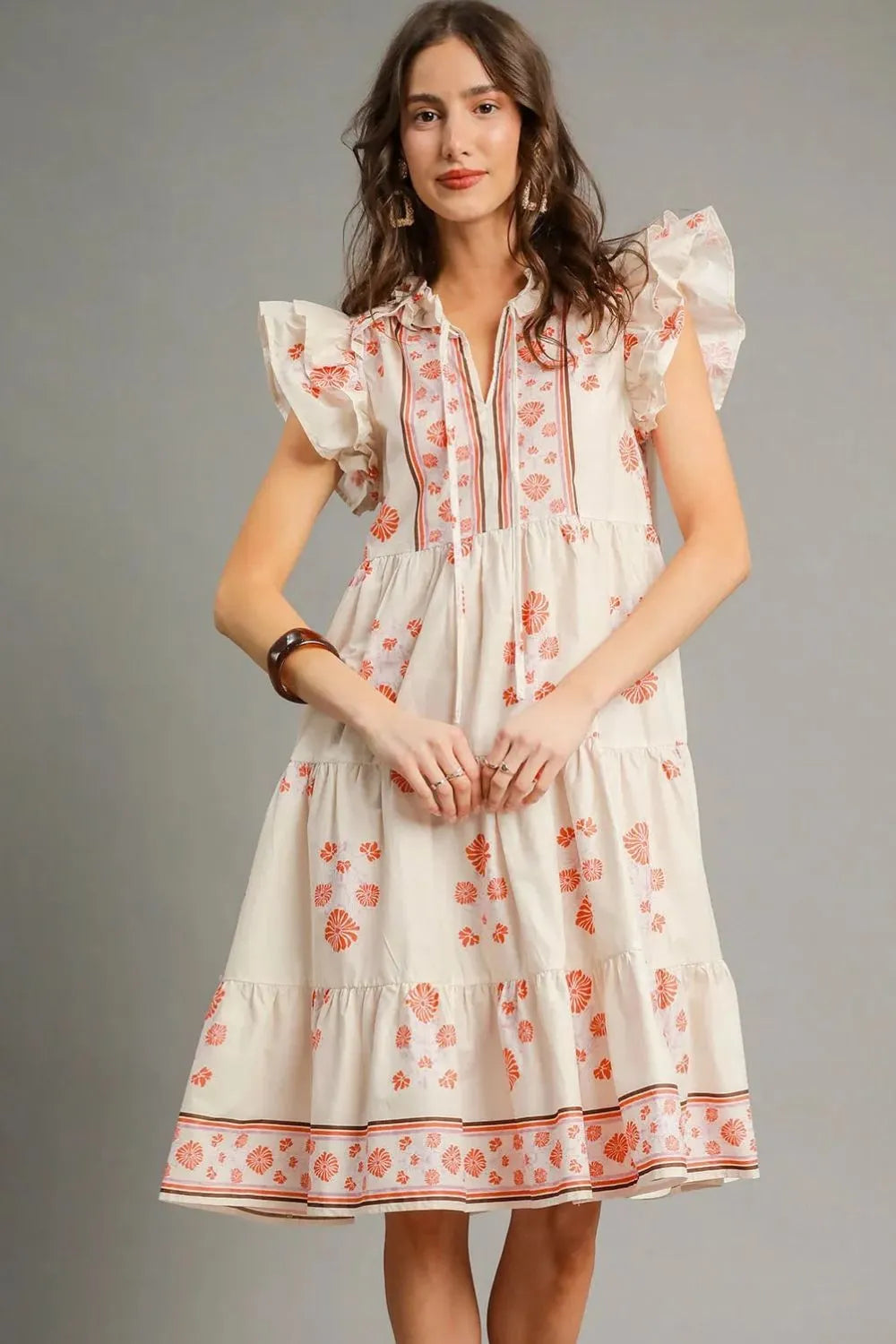 Burnt Coral Umgee Printed Tie Neck Ruffle Cap Sleeve Dress