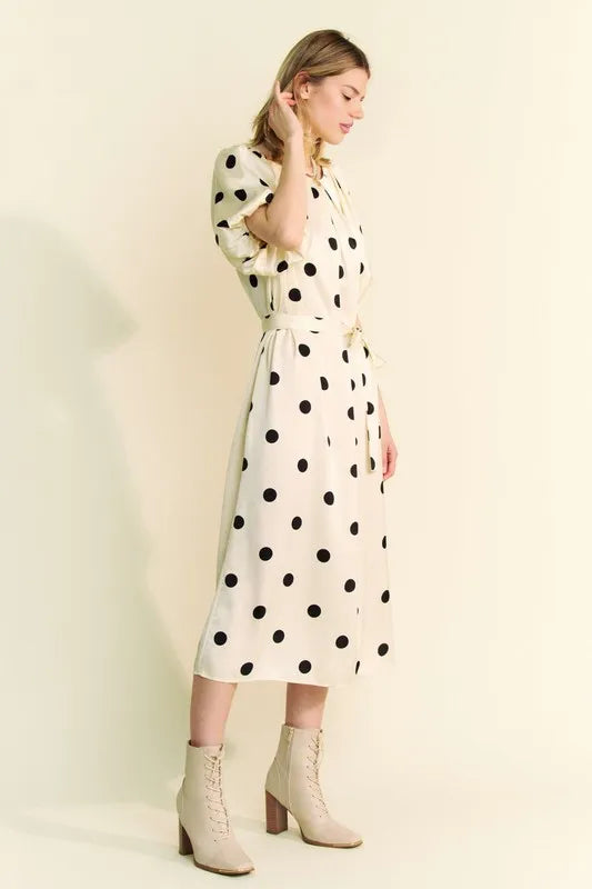 Davi Dani Polka Dot Puff Sleeves Waist Tie Midi Dress