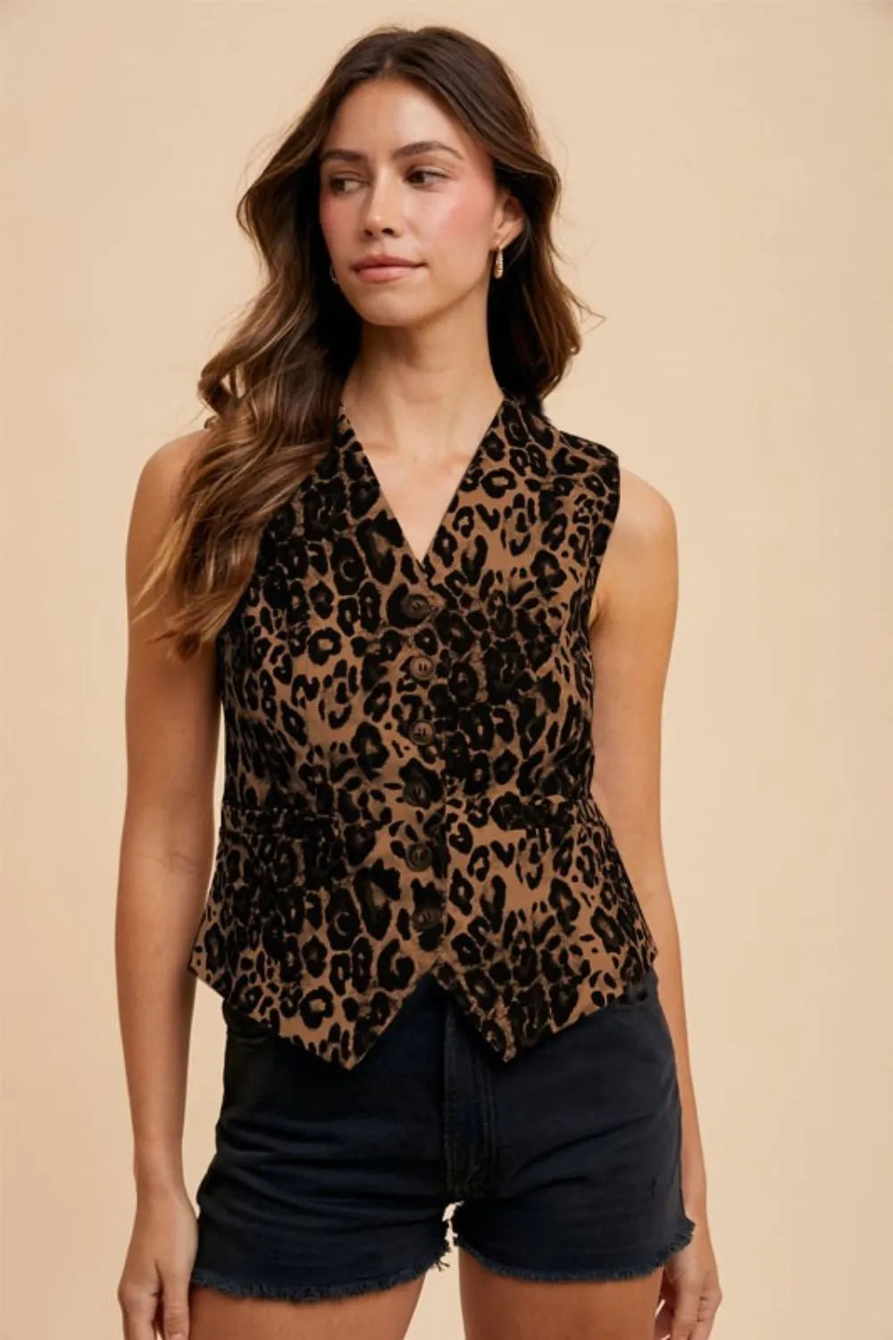 Mocha Annie Wear Stretch Leopard Denim Button Down Vest