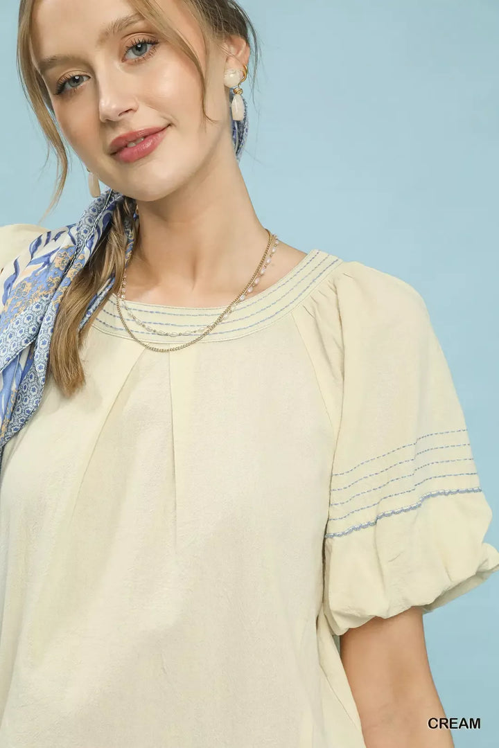 Umgee Round Neck Puff Sleeve Top With Contrast Stitch Detail