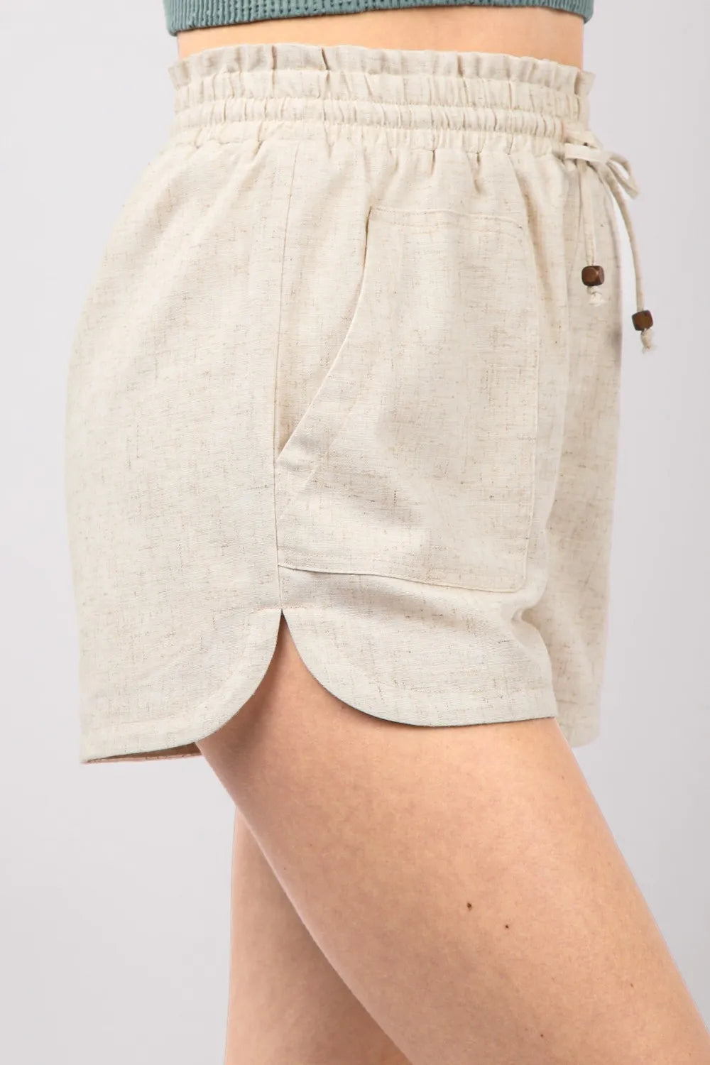 Oatmeal Very J Drawstring Elastic Waist Linen Shorts 1