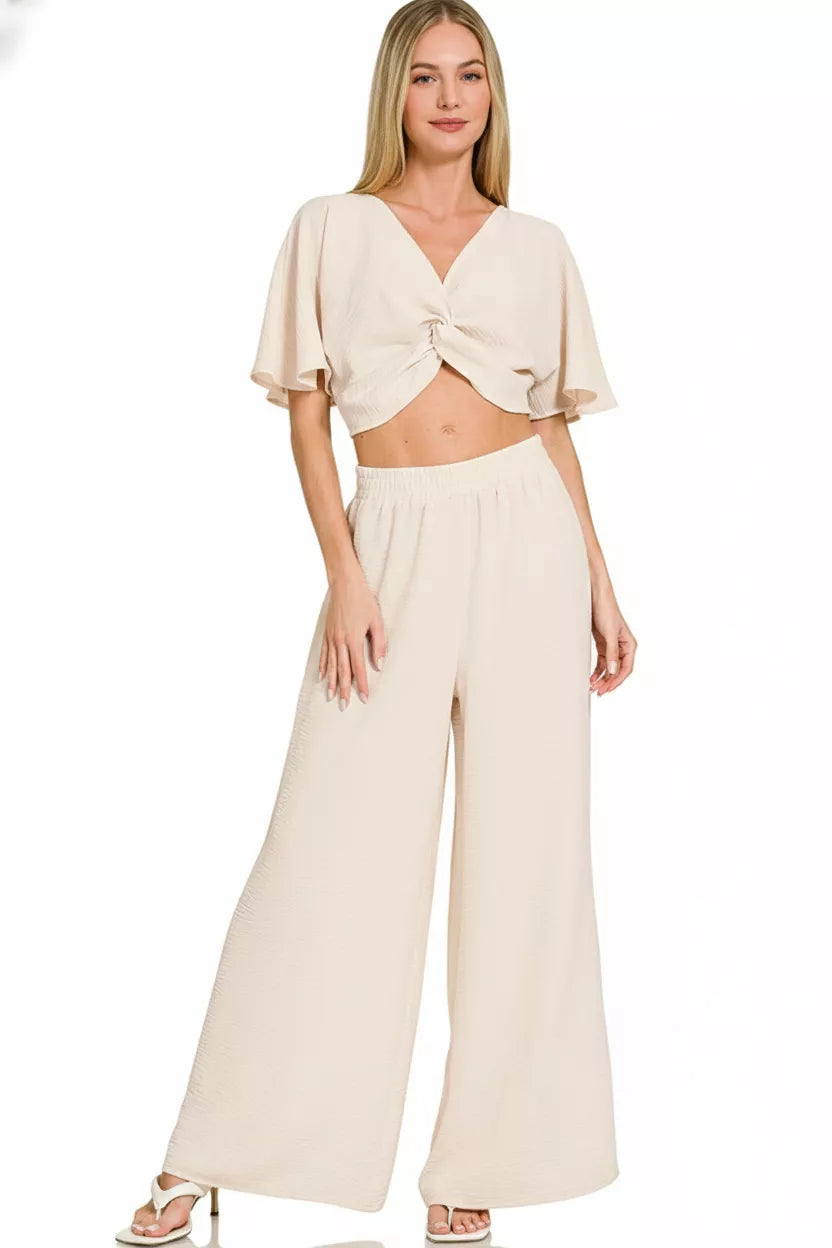 Sand Beige Zenana Woven Airflow Twisted Top Wide Leg Pants Set 1