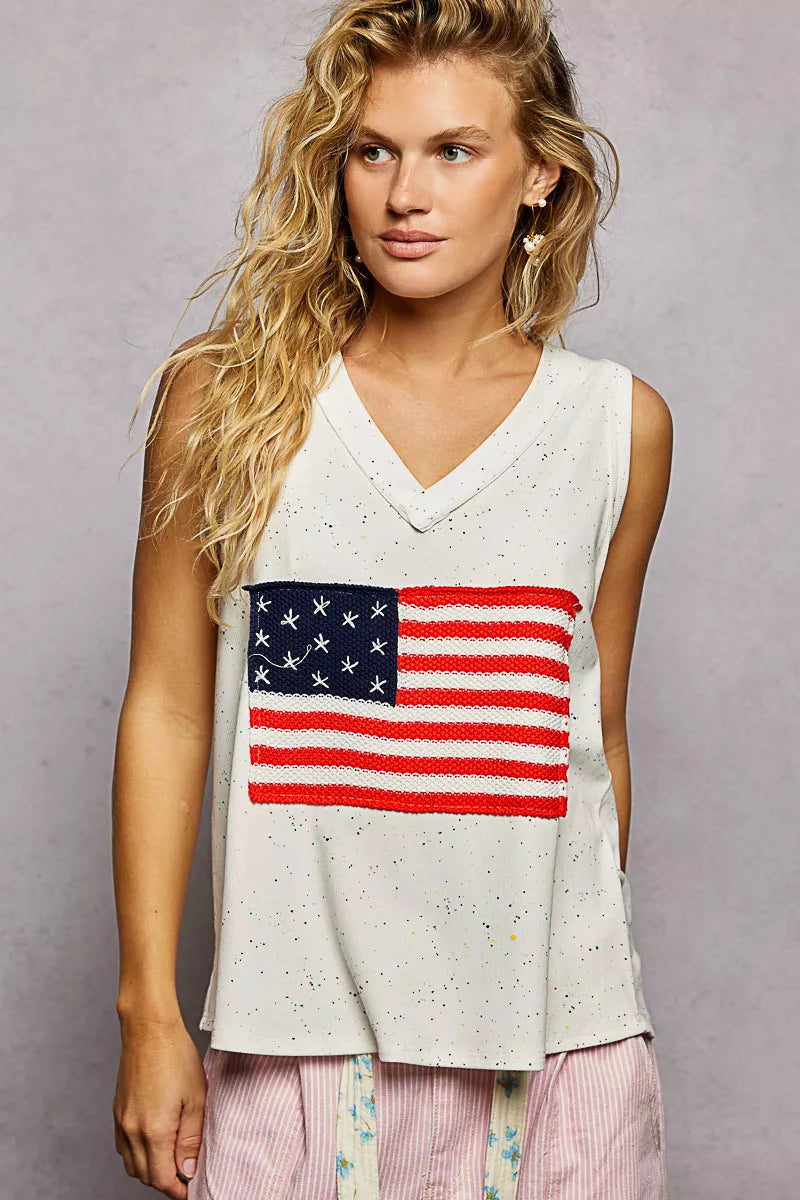 Off White Pol V Neck Ribbed Tank With American Flag Patch And Star Back Patch 2