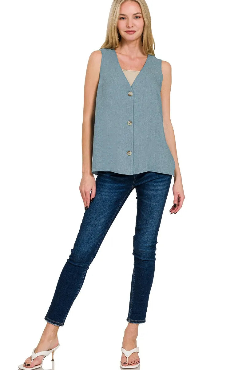 Blue Grey Zenana Side Slit Button Front Vest 1