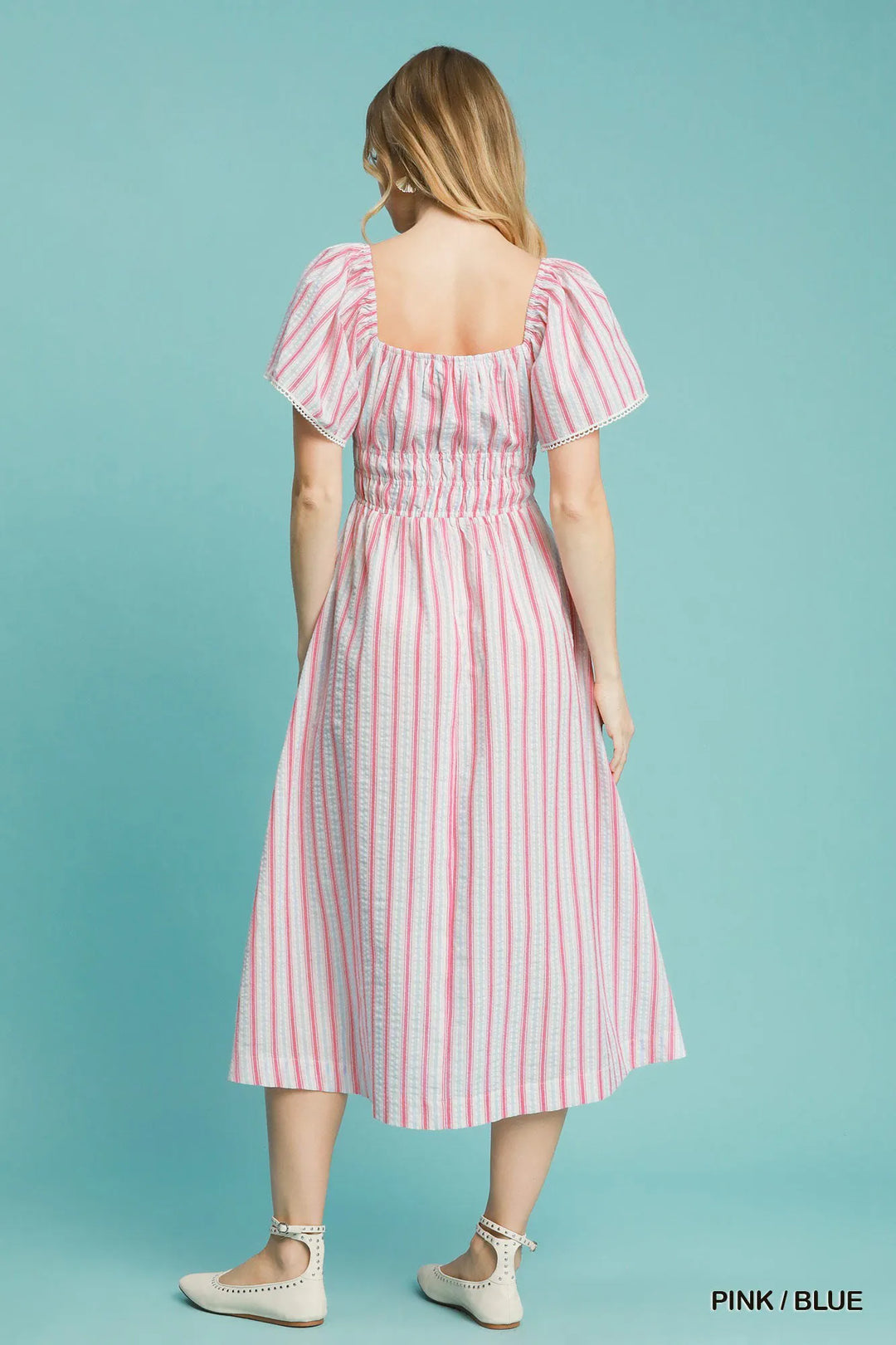 Pink / Blue Umgee Smocked Striped Short Sleeve Midi Dress