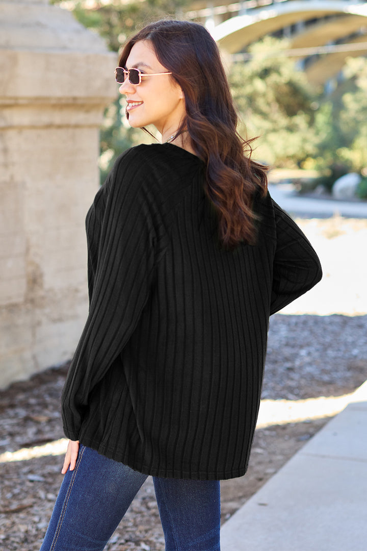 Dark Green Basic Bae Full Size Ribbed Round Neck Long Sleeve Knit Top 1