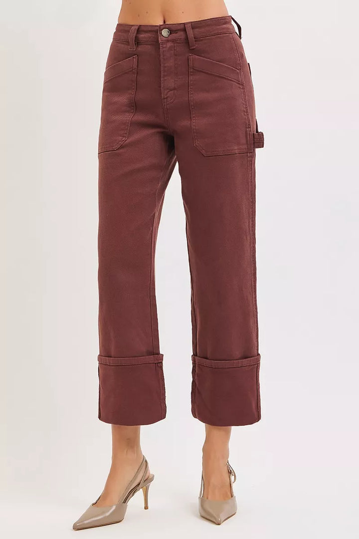 Choco Brown Risen Full Size High Rise Wide Straight Cuffed Patch Jeans Plus Size