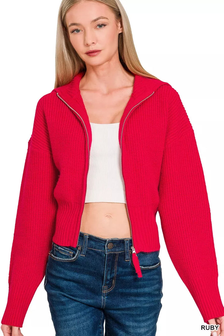 Ruby Zenana Ribbed Collared Zip Up Sweater Cardigan 1