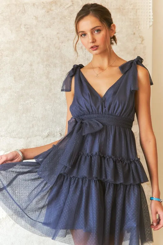 Dark Navy Adora Tie Shoulder Polka Dot Mesh Dress