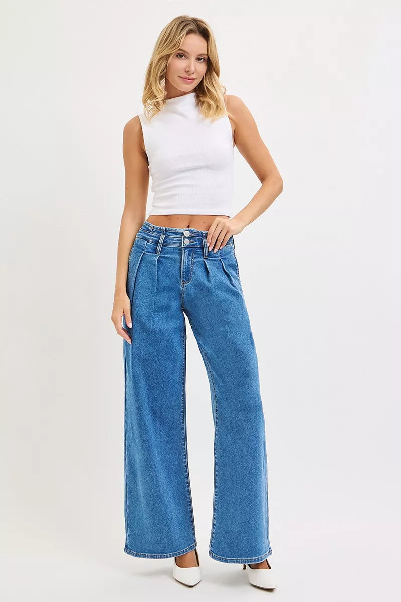 Medium Risen Full Size Mid Rise Fit Wide Leg With Pleated Detail Jeans Plus Size