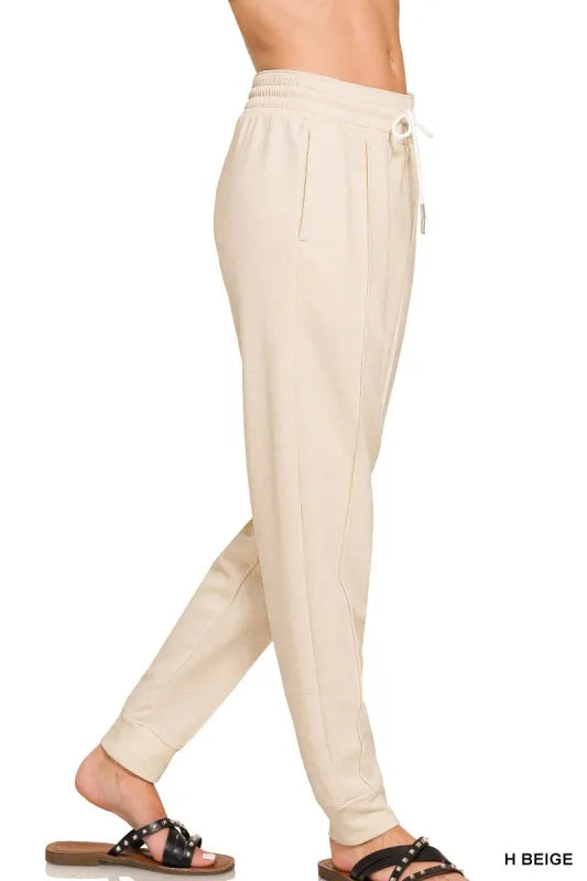 H Beige Zenana Drawstring Scuba Sweatpants With Pockets