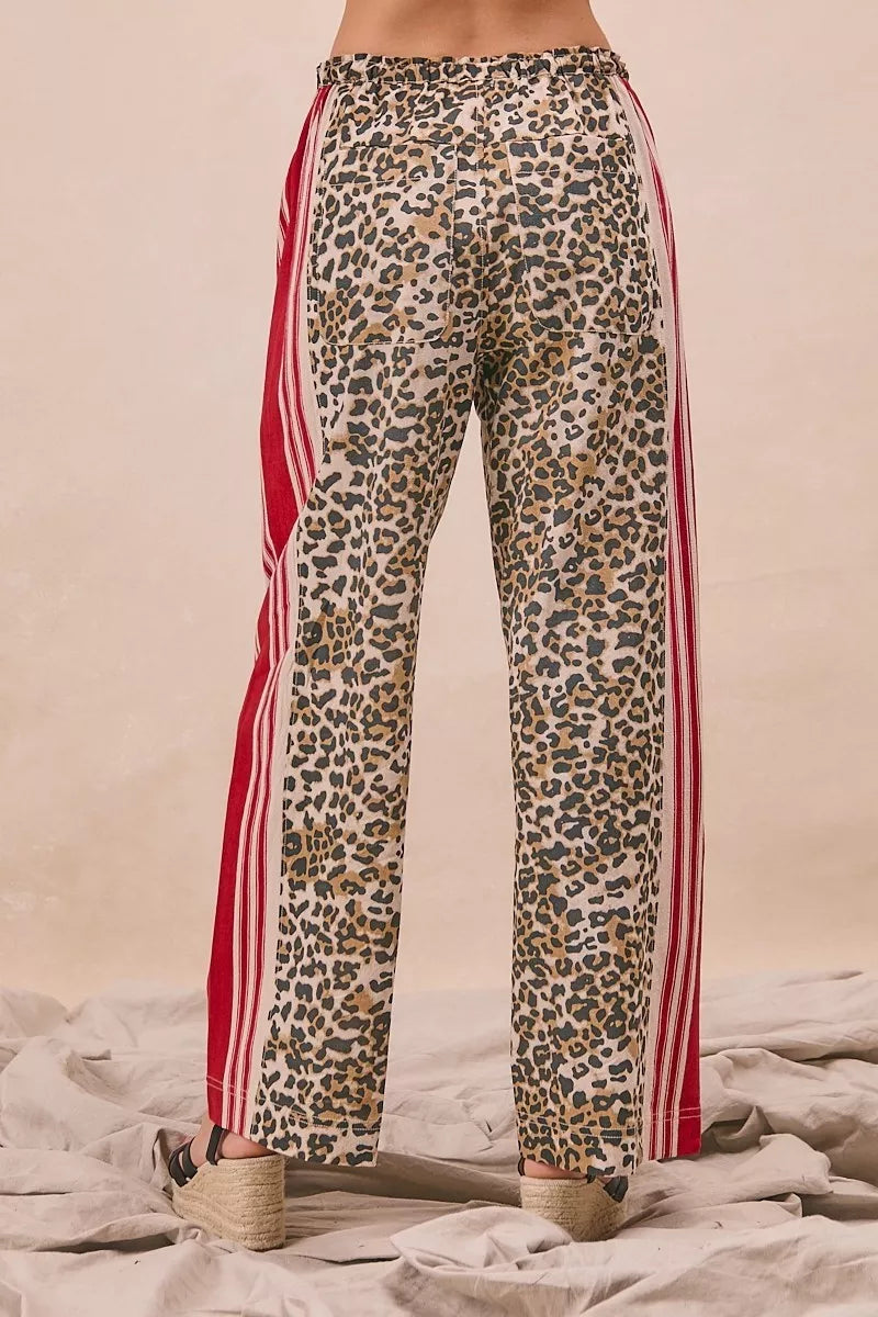 Leopard/Crimson Bibi Leopard Print Pants With Side Contrast And Tucking Welt Pocke