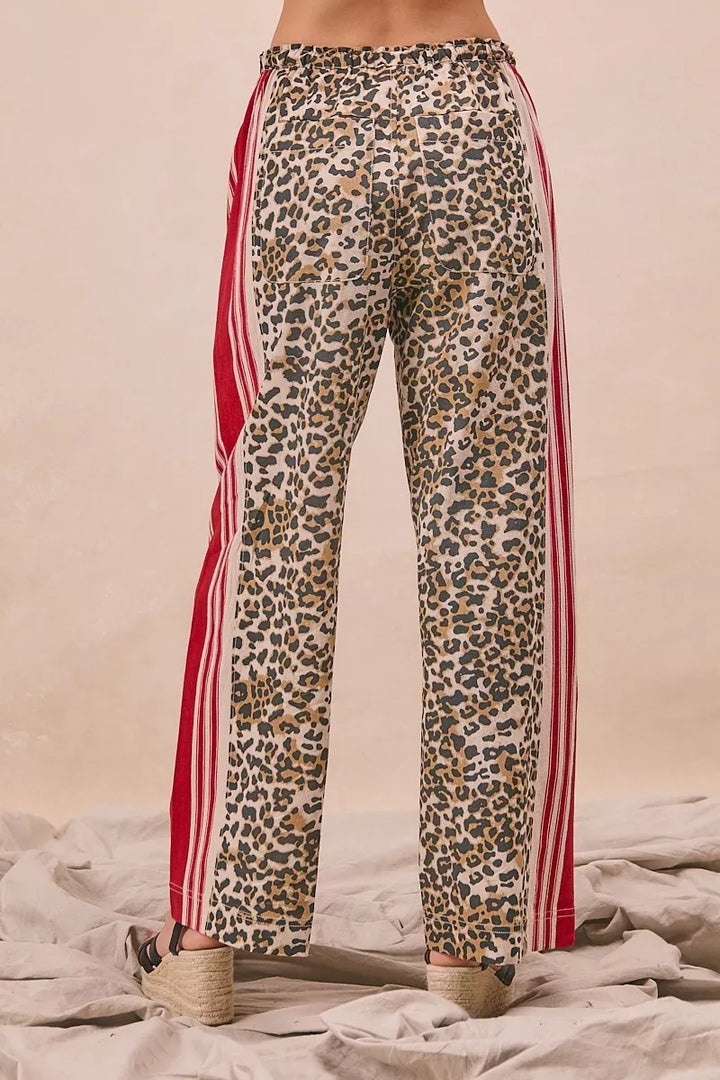 Leopard/Crimson Bibi Leopard Print Pants With Side Contrast And Tucking Welt Pocke