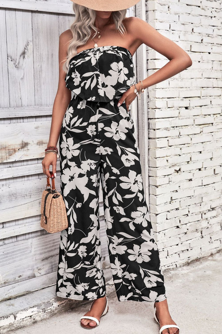 Black Perfee Floral Strapless Wide Leg Jumpsuit